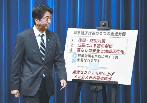 日本首相安倍晉三11日出席記者會(huì)。當(dāng)天，安倍內(nèi)閣通過(guò)了超過(guò)20萬(wàn)億日元的經(jīng)濟(jì)刺激計(jì)劃。