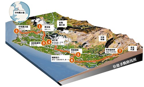 槍殺案示意圖，槍手在若干個(gè)地方向不同的人開槍
