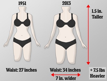 現(xiàn)今英國女性的平均腰圍已從1951年時(shí)的68厘米上升到86厘米，而胸圍和臀圍并沒有相應(yīng)增加，因此體型更接近于長方形