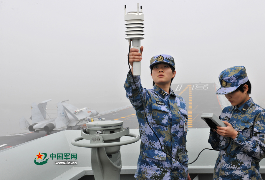 飛行前氣象值班女艦員進行風力參數(shù)測定。本網(wǎng)通訊員 王松岐 攝